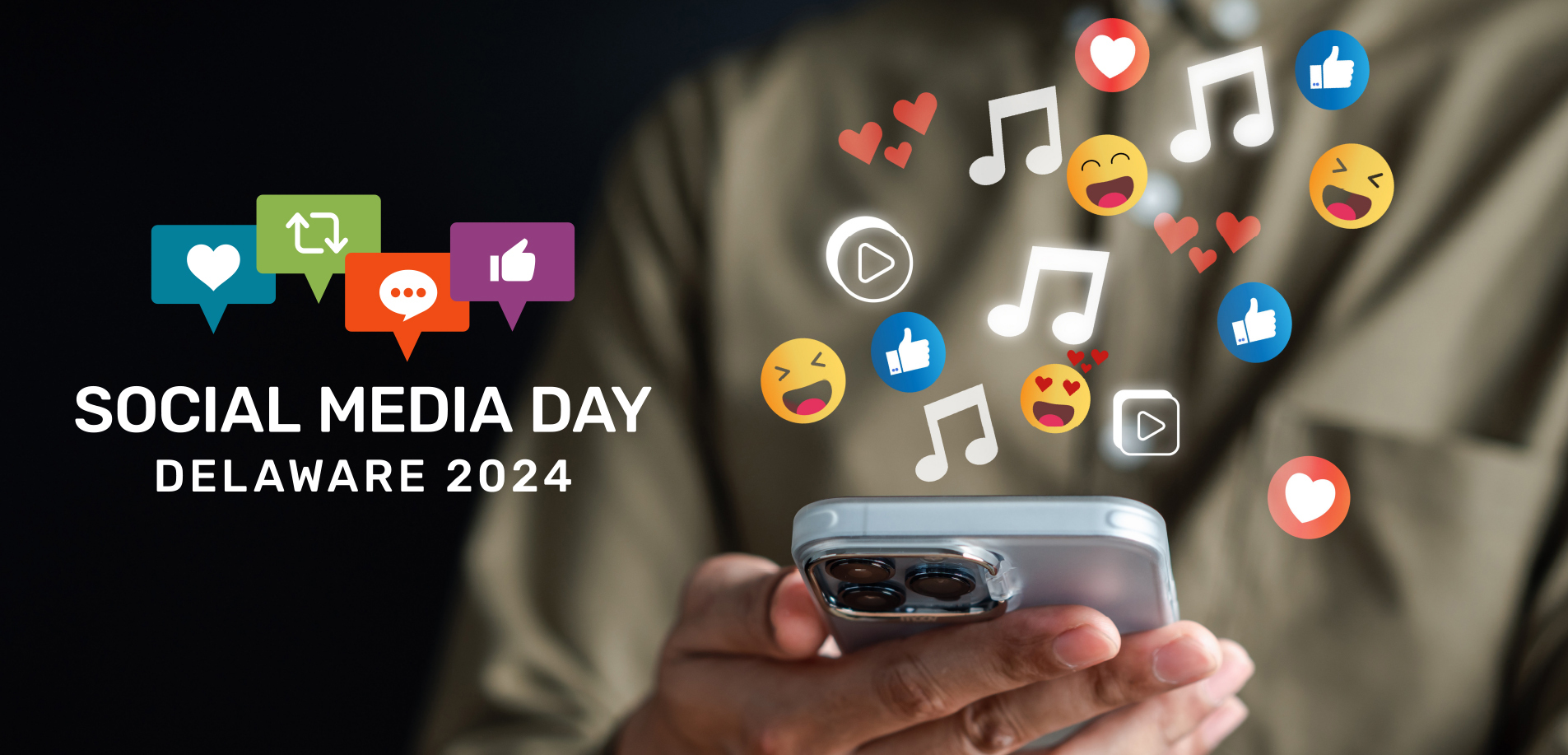 mobile device with emoticons and text reading "Social Media Day Delaware 2024"